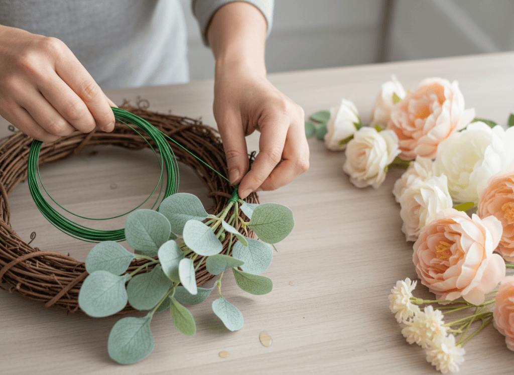 Hands securing faux eucalyptus to a grapevine wreath with floral wire.