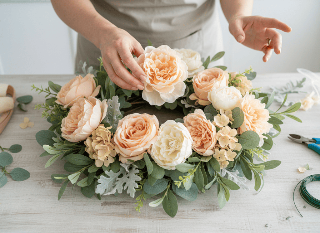 Hands positioning peach and cream focal flowers among greenery on a grapevine wreath.