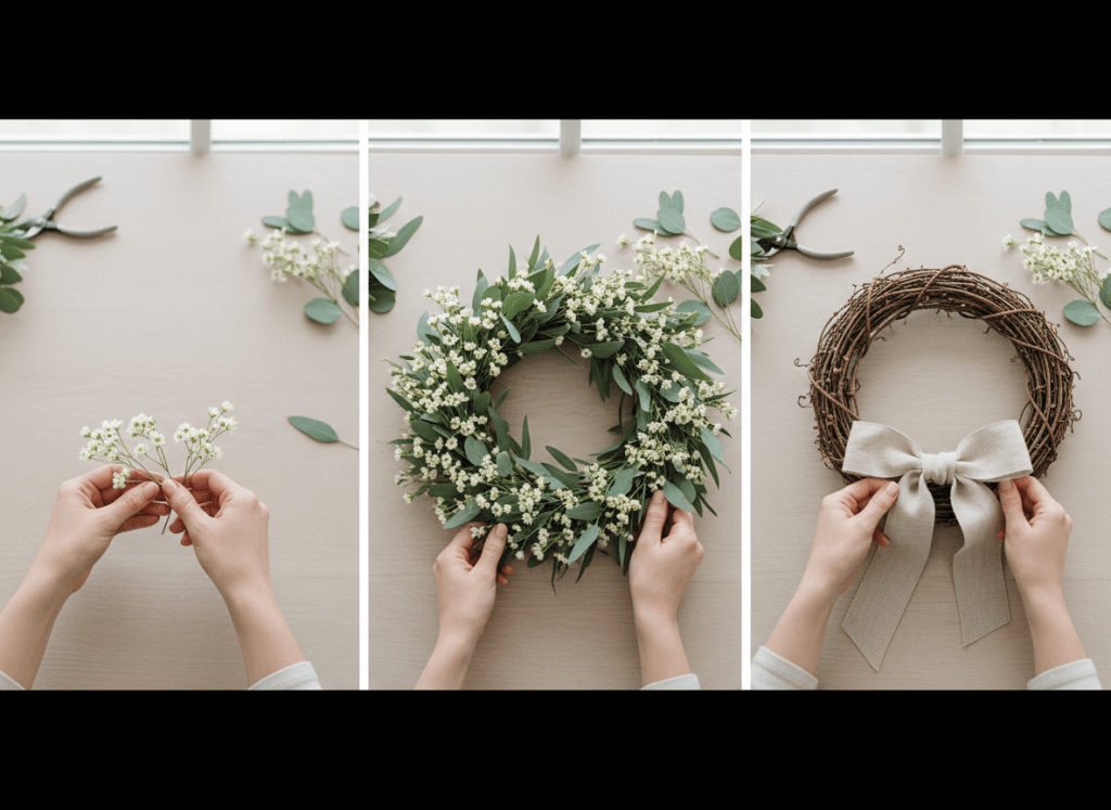 Hands adding small flowers and tying ribbon on an asymmetrical floral grapevine wreath.