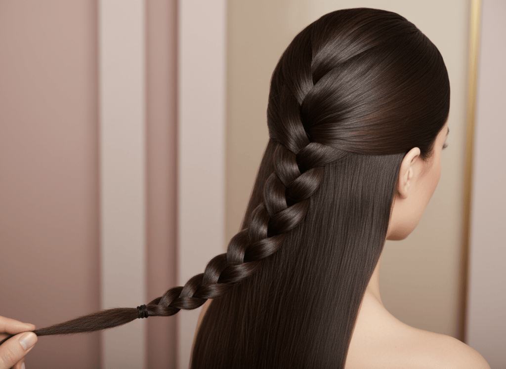 Adult woman with dark brown straight hair styled in a neat French braid.