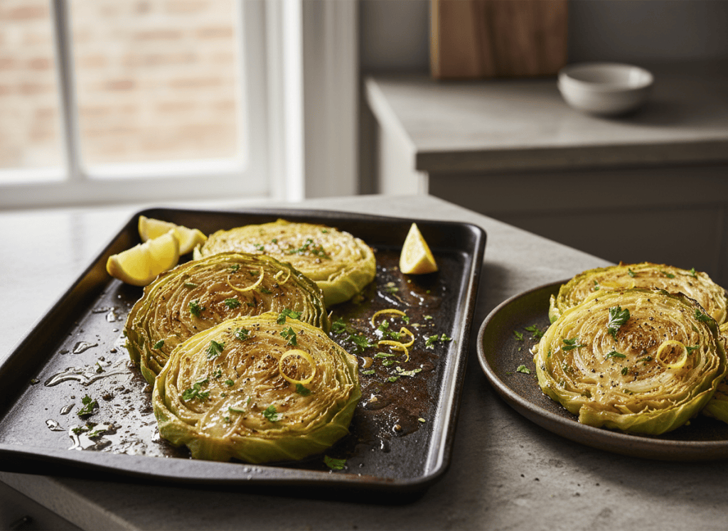 Garlic butter roasted cabbage steaks with browned edges, parsley, and lemon.