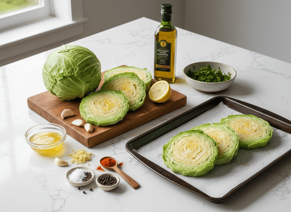 Cabbage rounds, garlic butter, lemon, herbs, and seasonings arranged beside a sheet pan.