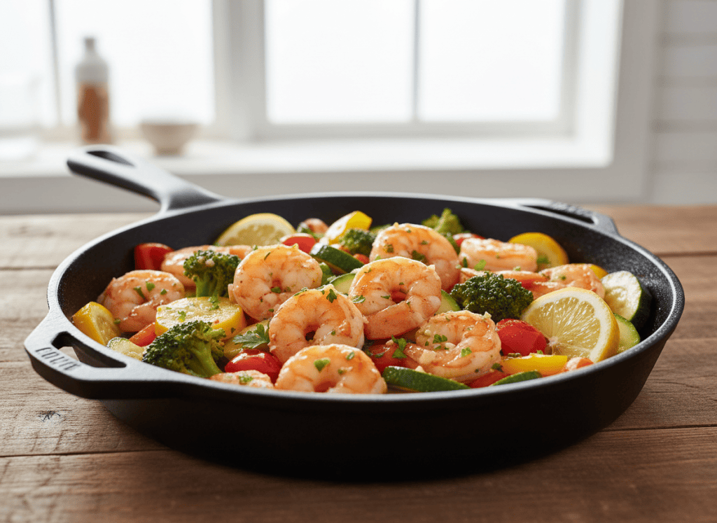Garlic butter shrimp with colorful vegetables in a skillet.