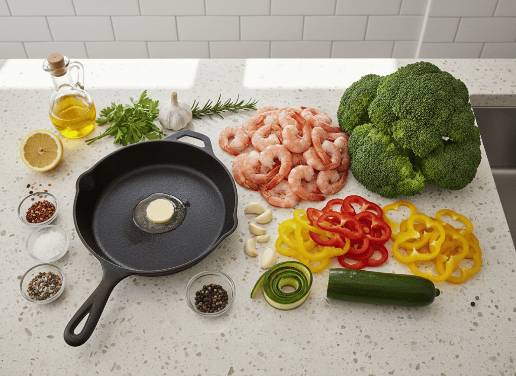 Shrimp, vegetables, garlic, butter, lemon, and seasonings arranged beside a skillet.