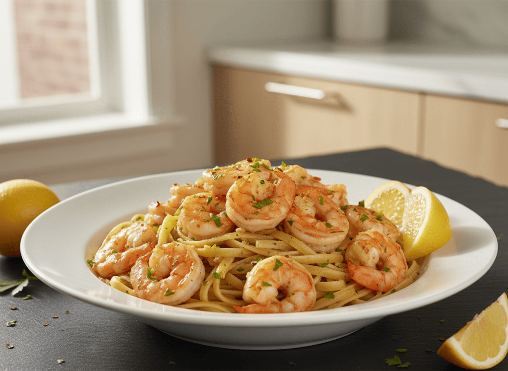 Garlic butter shrimp scampi served over linguine with lemon and parsley.