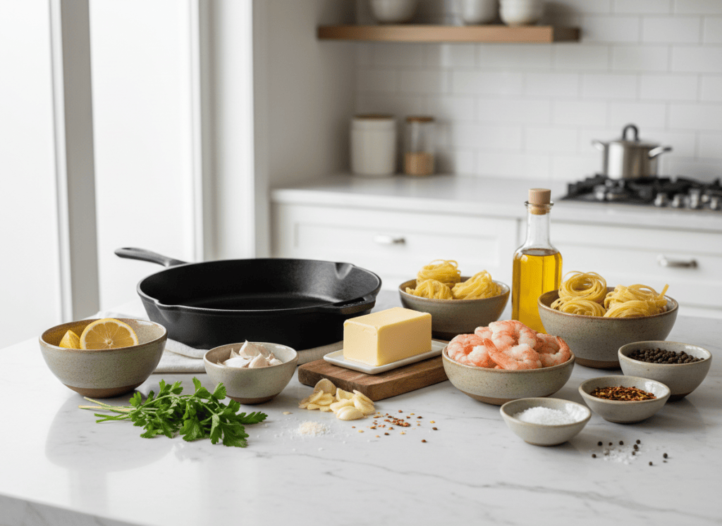 Ingredients for garlic butter shrimp scampi arranged beside a skillet.