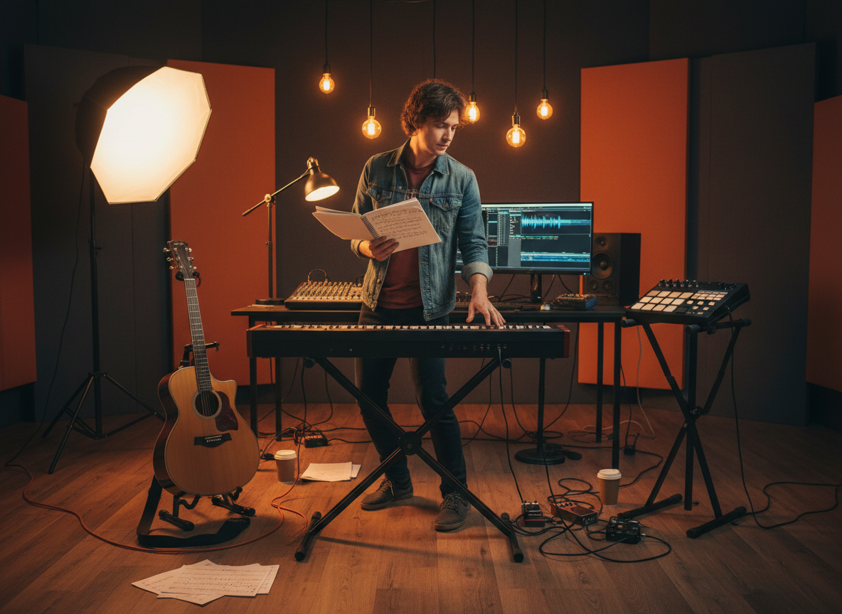 Musician exploring instruments while reshaping a song into a different genre.