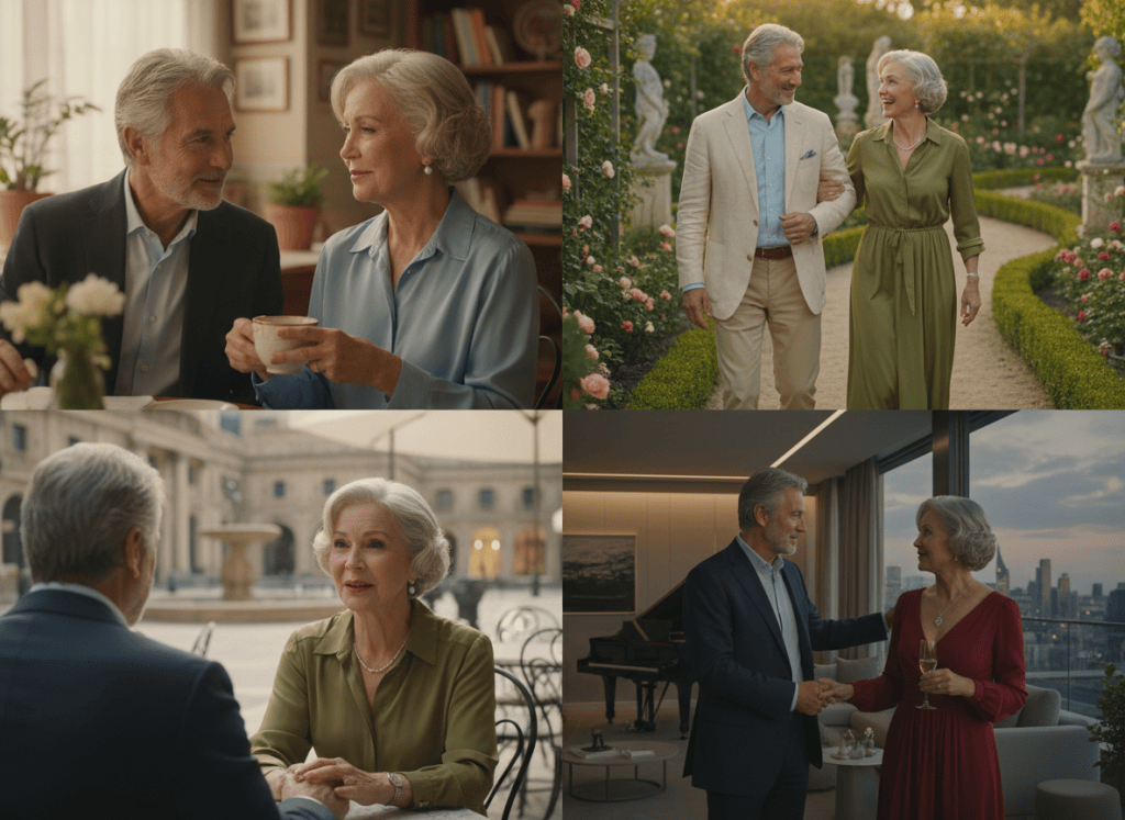 Mature-romance continuity study showing Arthur and Evelyn with consistent faces and wardrobe across ordinary and subtle luxury settings.