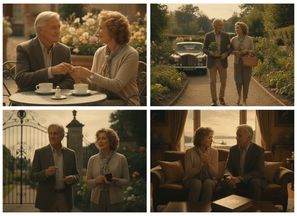 Four connected mature-romance moments showing Arthur and Evelyn moving from an ordinary cafe meeting to a hidden-wealth reveal and honest conversation.