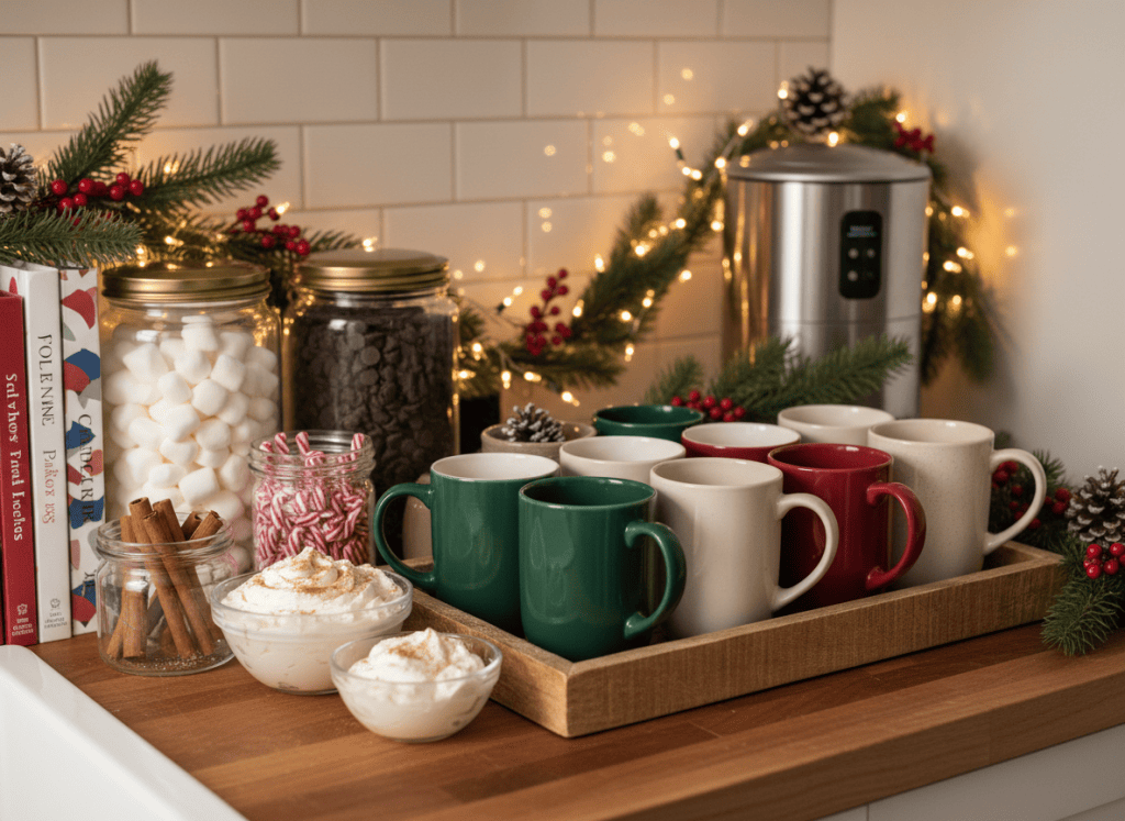 Cozy holiday hot cocoa bar with mugs, marshmallows, peppermint, chocolate toppings, and festive greenery.