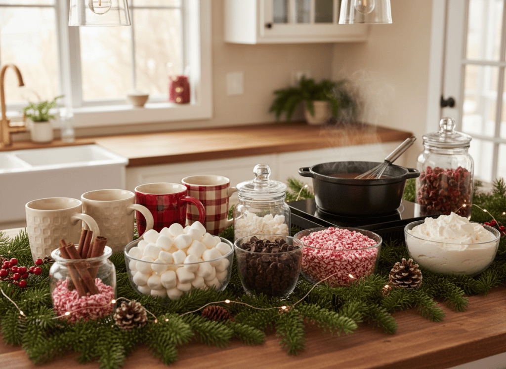 Holiday hot cocoa bar ingredients and mugs arranged on a kitchen counter before serving.