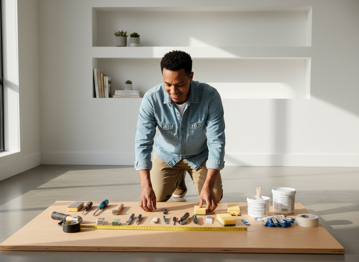 Homeowner preparing simple home improvement tools and supplies.
