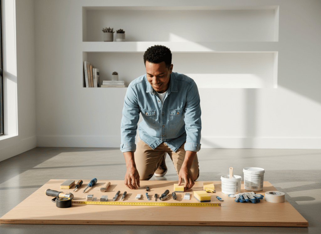 Homeowner preparing simple home improvement tools and supplies in a bright room.