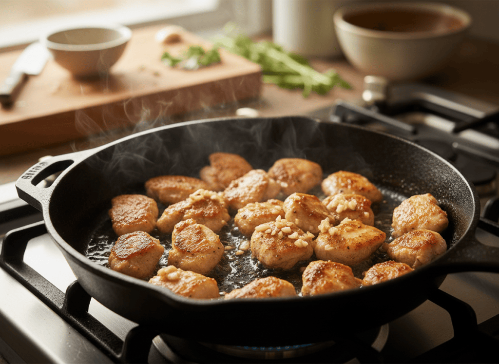 Chicken browning in a skillet during the honey garlic chicken recipe.