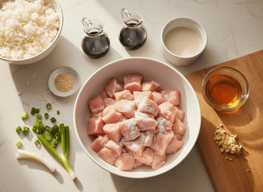 Honey garlic chicken ingredients arranged on a kitchen counter before cooking.