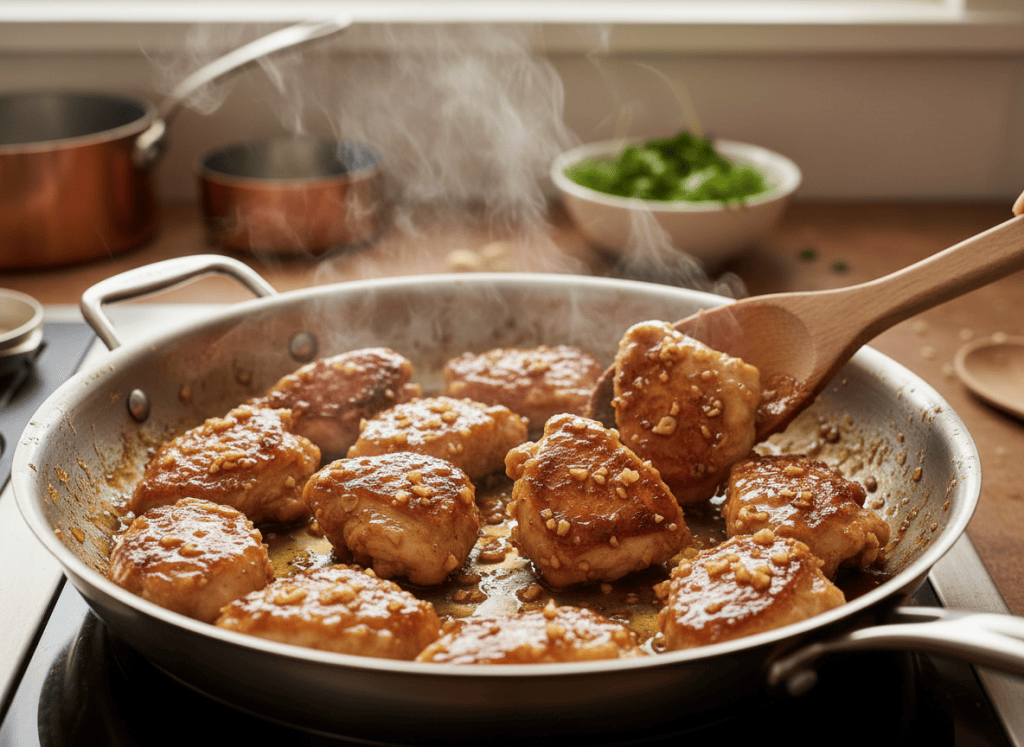 Honey garlic sauce thickening around browned chicken in a skillet.