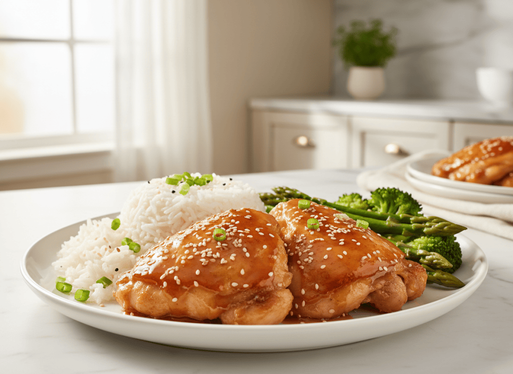 Honey garlic chicken thighs with glossy sauce, rice, vegetables, sesame seeds, and green onion.