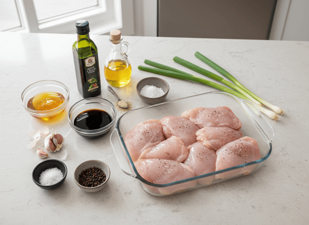 Chicken thighs, honey, garlic, soy sauce, vinegar, oil, cornstarch, sesame seeds, and green onions arranged beside a baking dish.