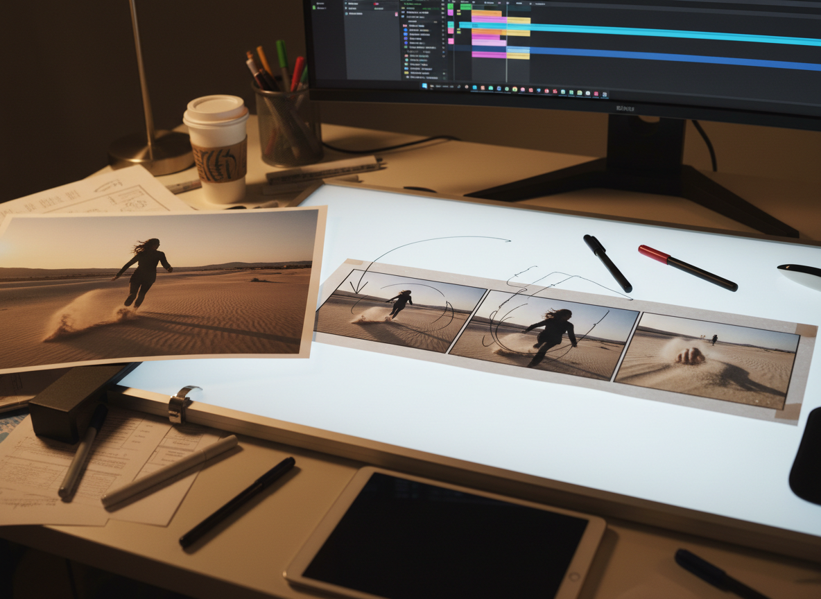 Reference photo beside storyboard frames planning cinematic camera motion.
