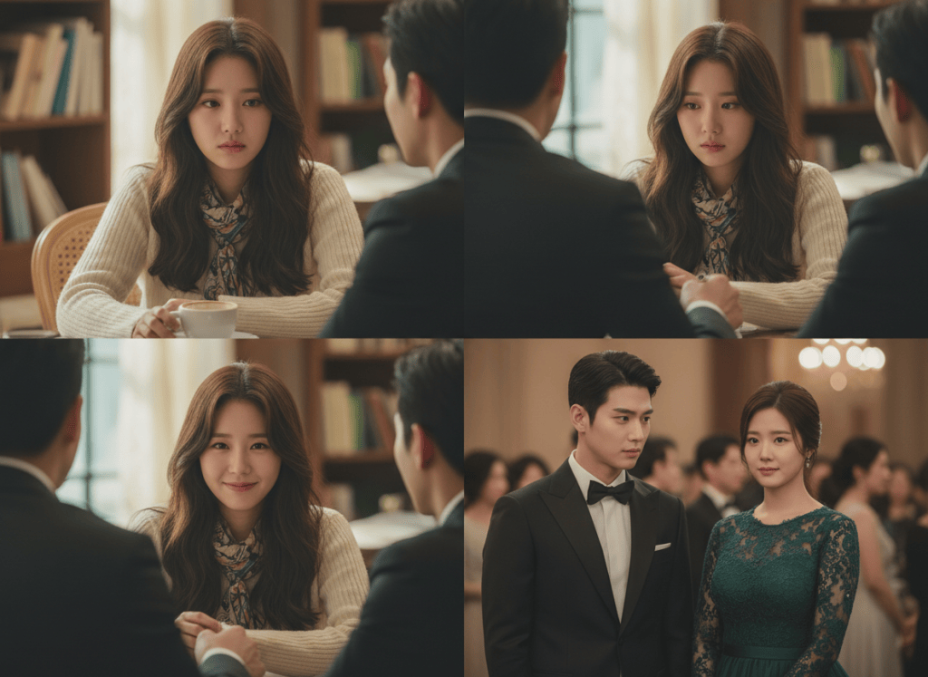K-drama continuity study showing the same heroine and male lead across cafe and formal-event scenes while preserving identity.