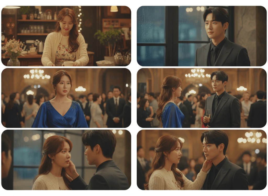 Four connected K-drama moments showing a young woman moving from an ordinary cafe life to a hidden-identity reveal.