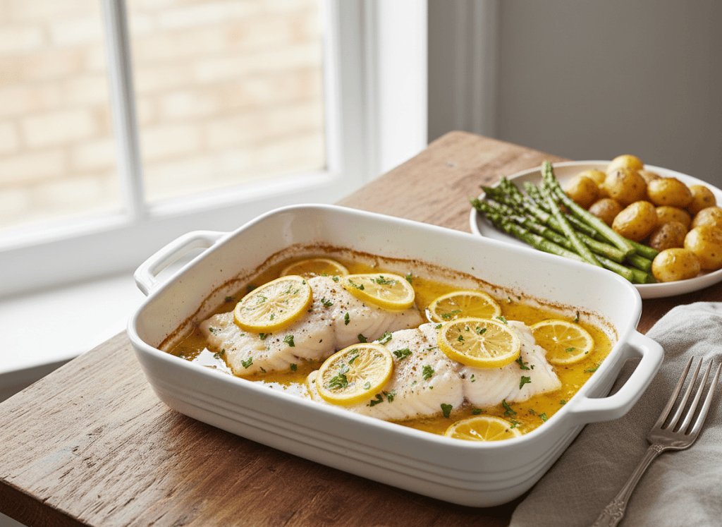 Lemon garlic baked cod with herbs, asparagus, potatoes, and lemon.