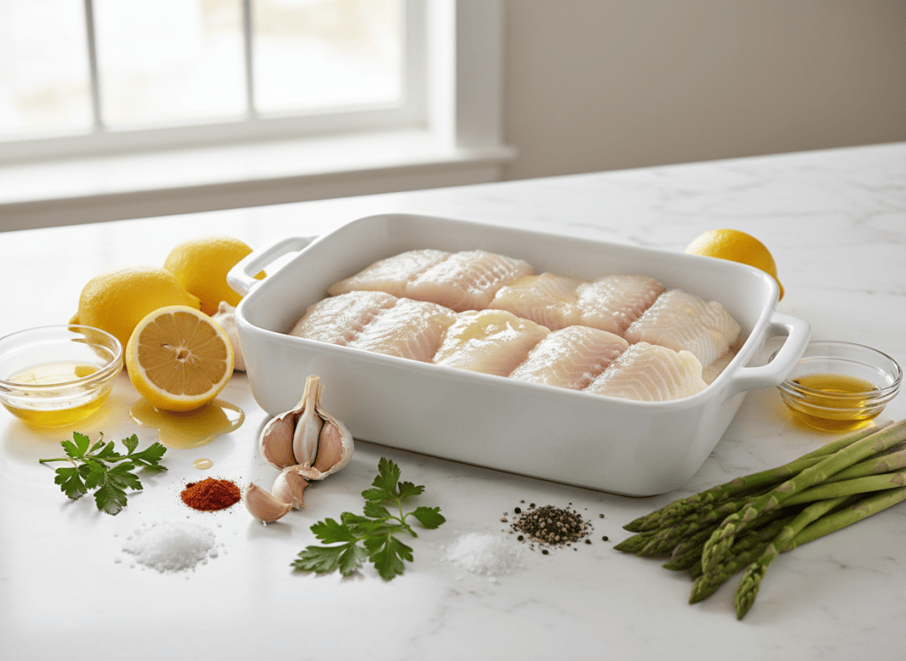 Cod fillets, lemon, garlic, herbs, butter, and seasonings arranged beside a baking dish.