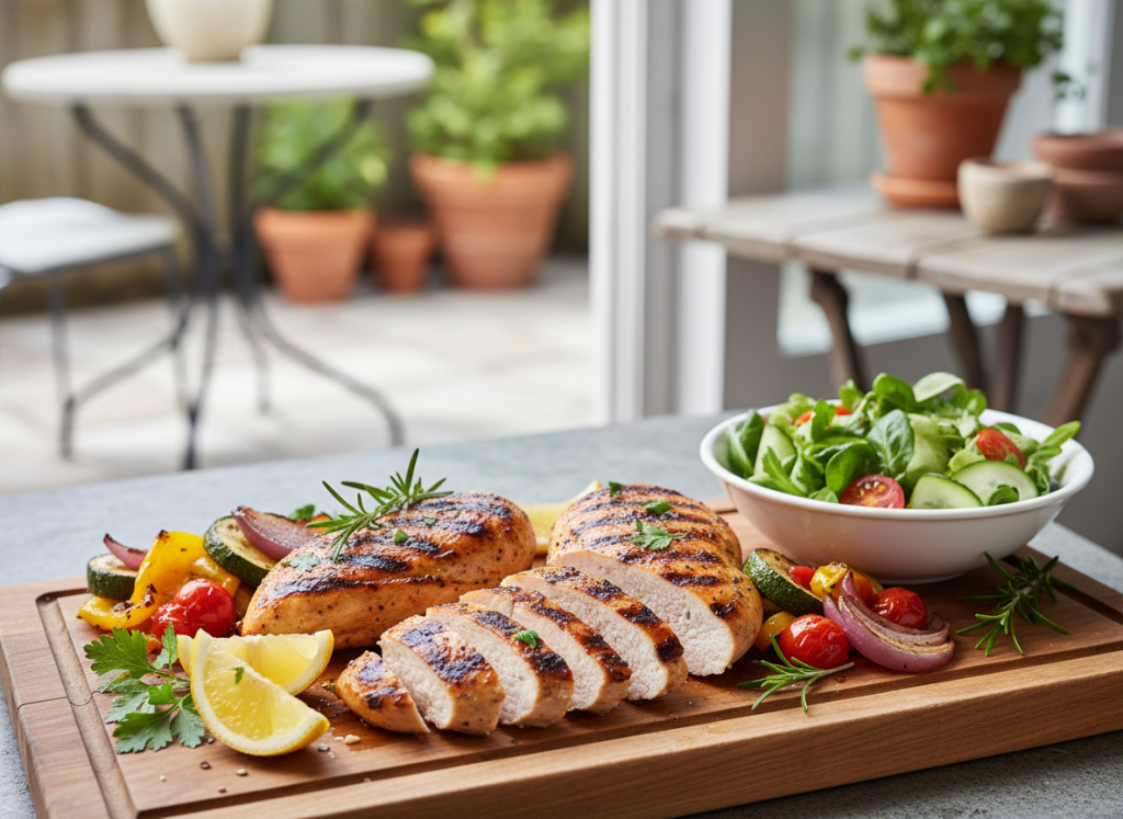 Lemon herb grilled chicken with grill marks, lemon, herbs, vegetables, and salad.