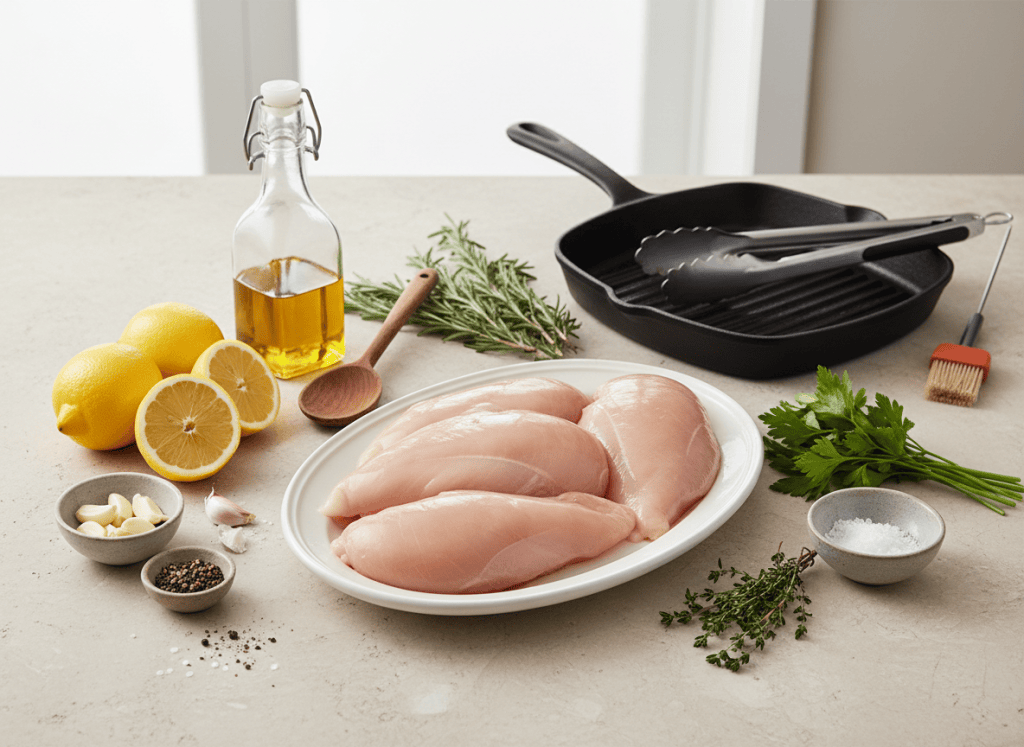 Chicken breasts, lemon, garlic, olive oil, fresh herbs, salt, pepper, and grill tools ready for grilling.