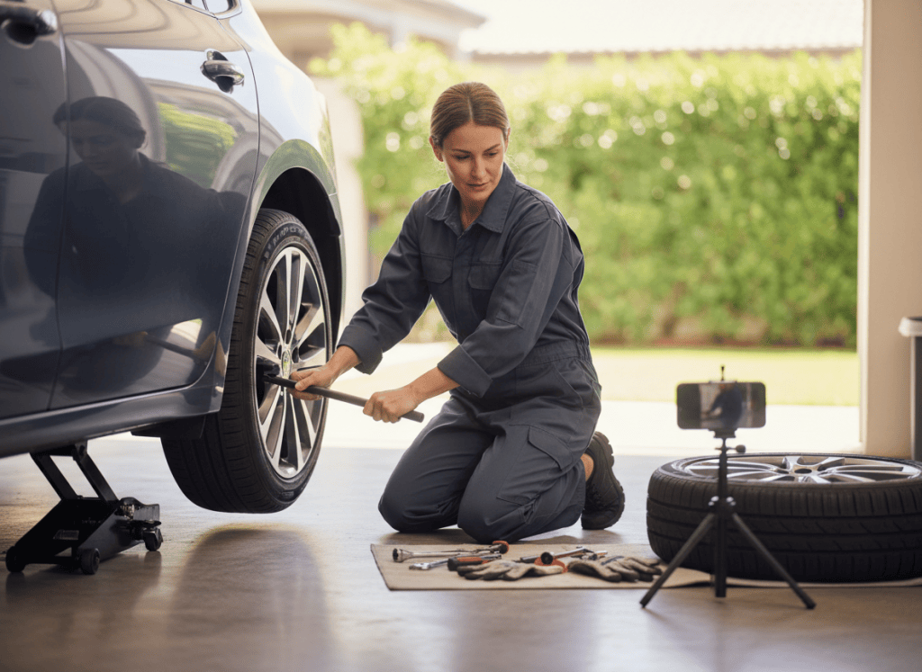 Mechanic changing a tire while recording a practical how-to video for social media.