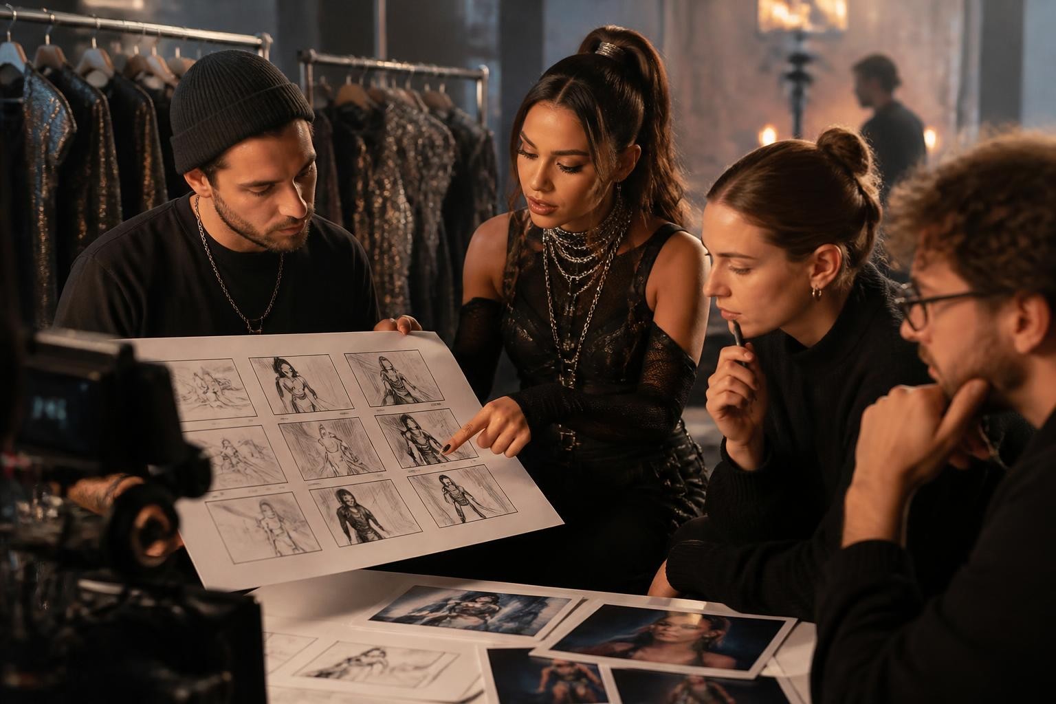 Singer and creator team reviewing scenes for a lip-synced music video.