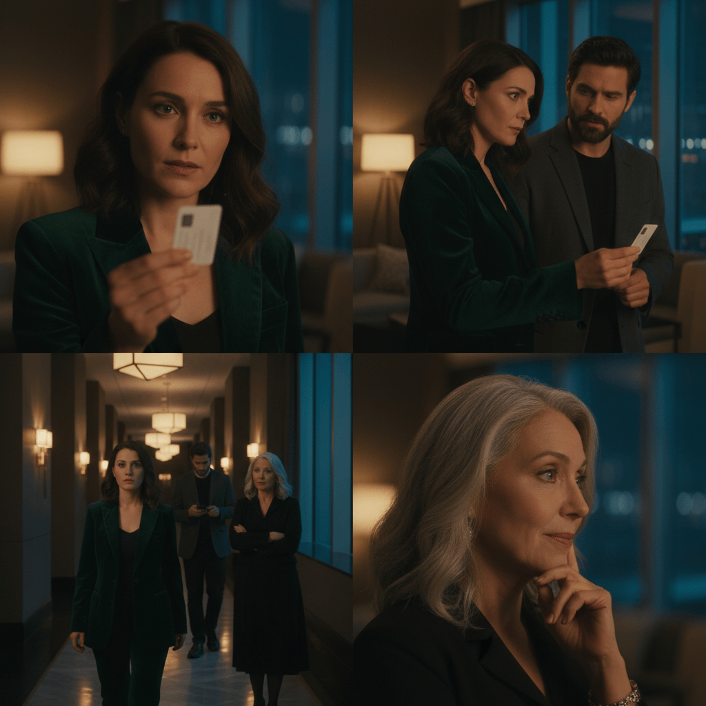 Continuity study of the same mystery cast, green blazer, keycard and nighttime interior across multiple camera angles.