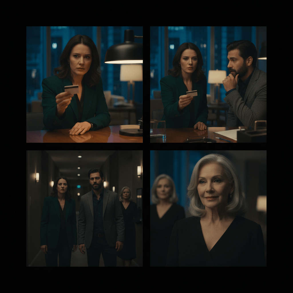 Four connected mystery scenes with the same brunette heroine in a green blazer, her male companion, and an older silver-haired woman in a modern nighttime interior.