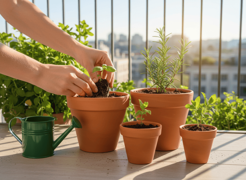 Hands planting herb seedlings at the correct depth in patio containers.