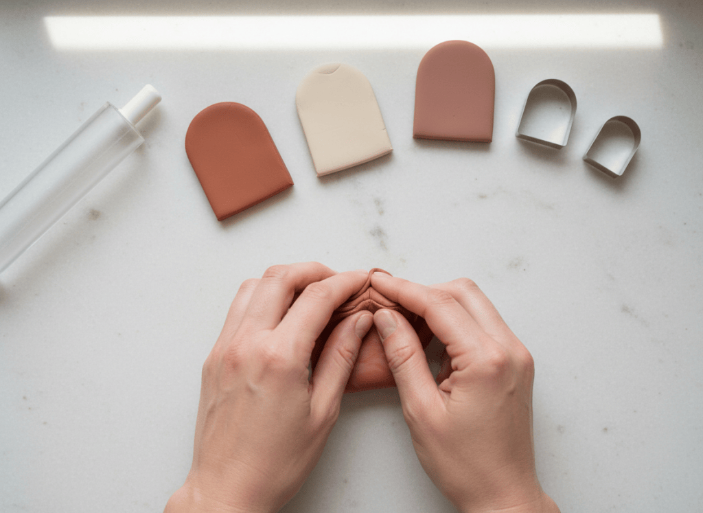 Hands kneading terracotta, cream, and rose polymer clay beside a roller and cutters.