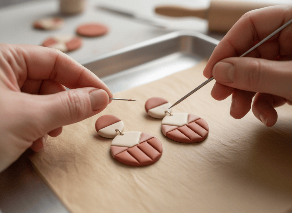 Hands making small connector holes in polymer clay earring pieces before baking.