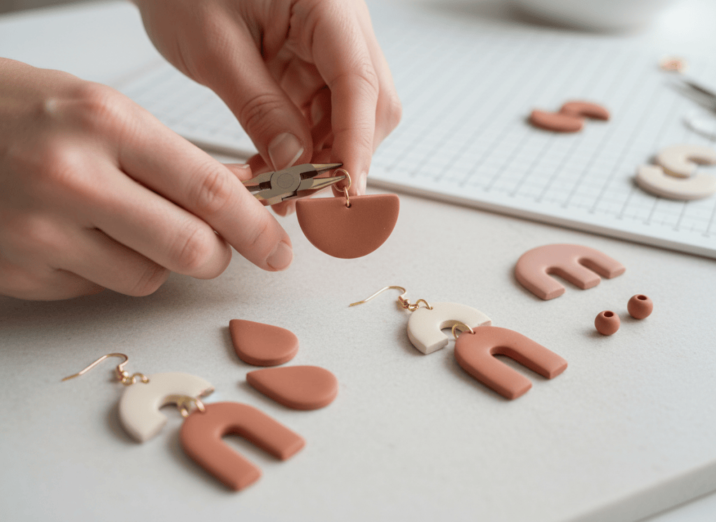 Hands assembling cooled polymer clay earring pieces with jump rings and earring hooks.