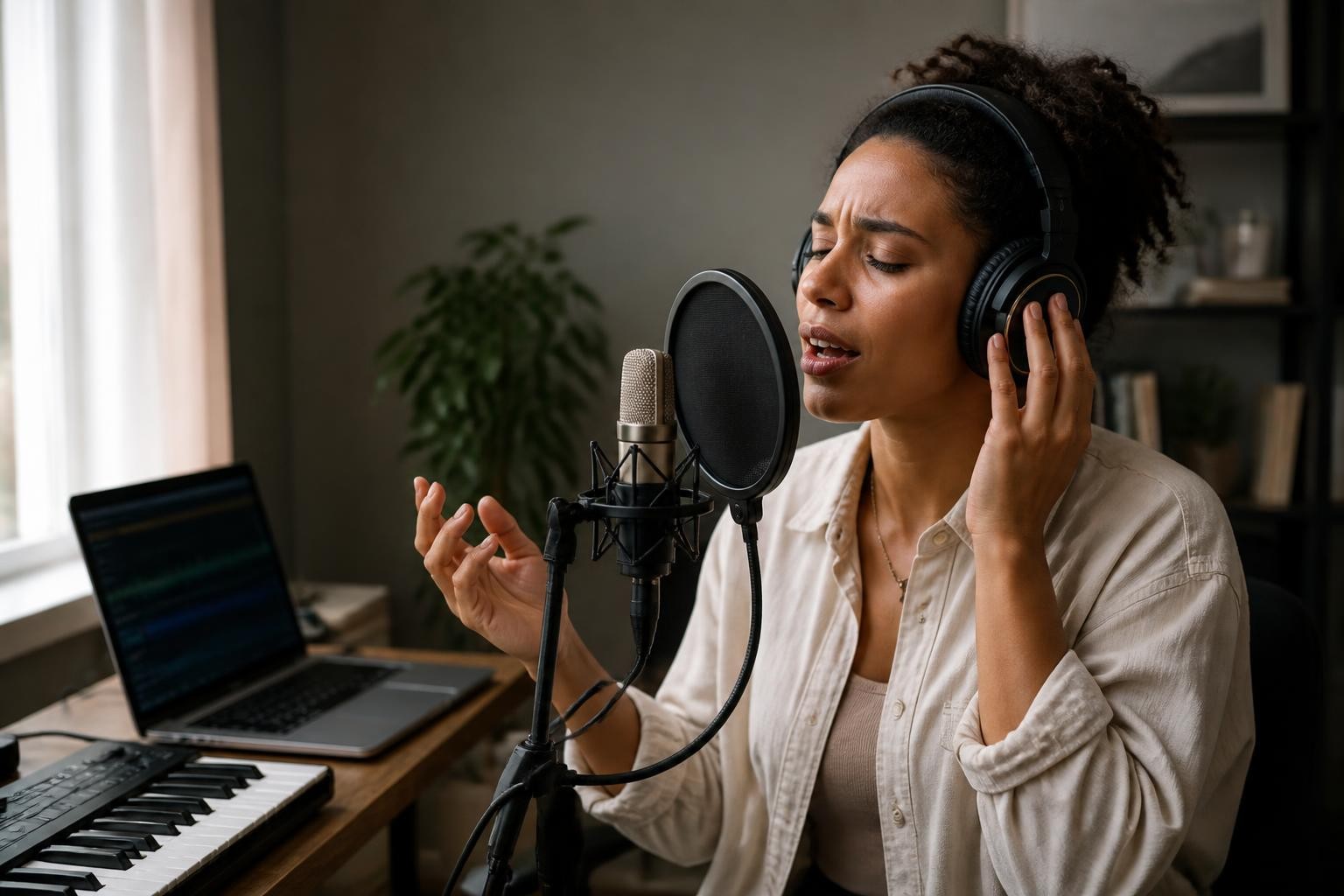 Vocalist rehearsing with an instrumental practice track.