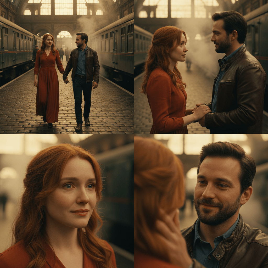 Continuity study of the same romantic couple, wardrobe and golden-hour train station across several camera angles.