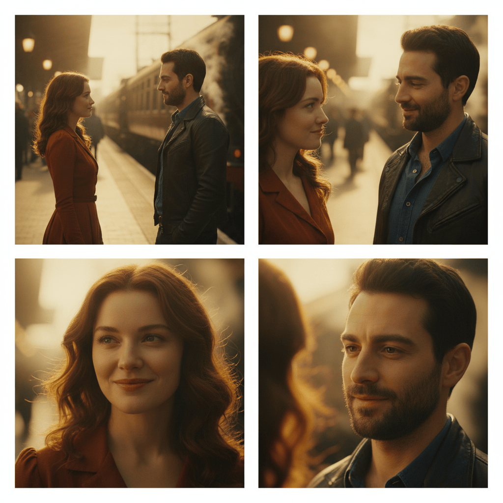 Four connected romantic-drama scenes with the same auburn-haired woman in a rust dress and dark-haired man in a leather jacket at a golden-hour train station.