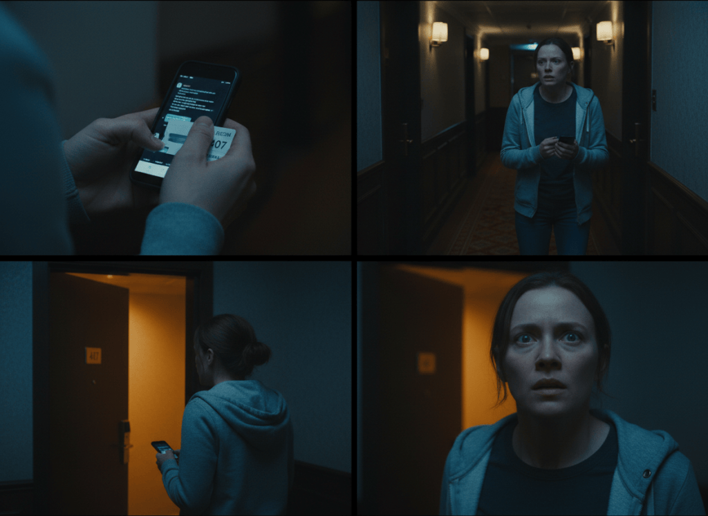 Room 407 continuity study showing Claire, her phone and keycard, and the same hotel corridor across several camera angles.