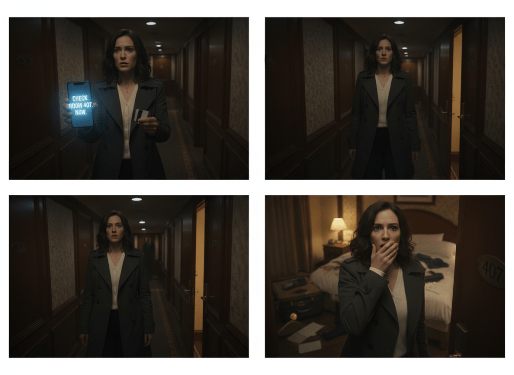 Four connected Room 407 thriller moments showing Claire moving from a mysterious message to a tense hotel-room discovery.