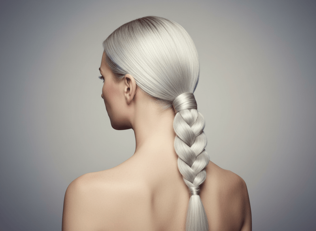Adult woman with platinum blonde straight hair styled in a sleek rope twist braid.