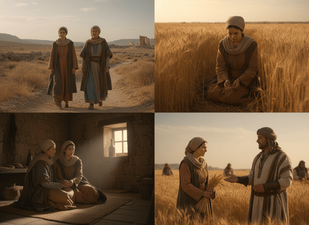 Biblical-film continuity study showing Ruth, Naomi and Boaz with consistent faces, period clothing and ancient settings across multiple scenes.