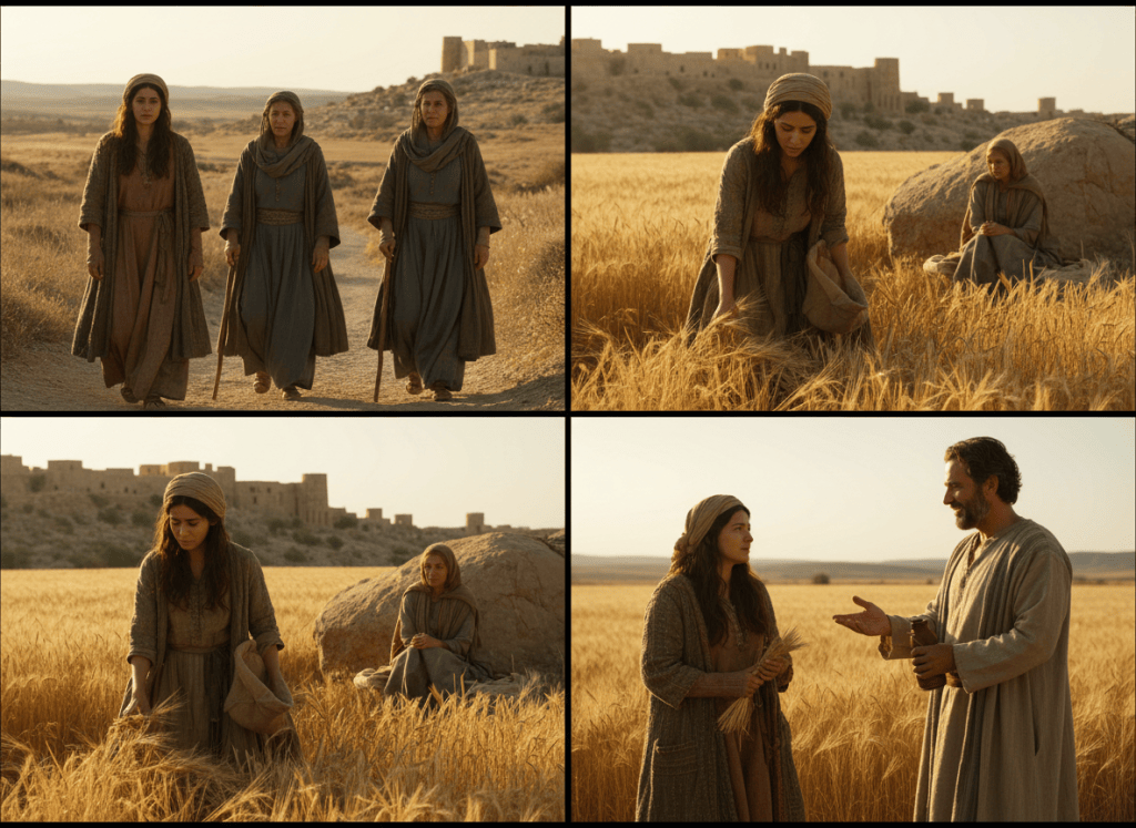 Four connected biblical-film moments showing Ruth and Naomi journeying to Bethlehem, Ruth gleaning, and Boaz responding with kindness.