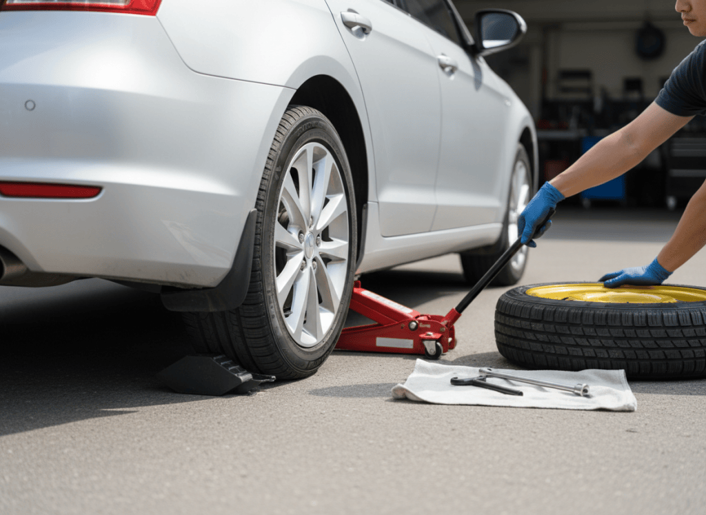 Gloved hands positioning a jack at the correct reinforced jacking point on a safely secured car.