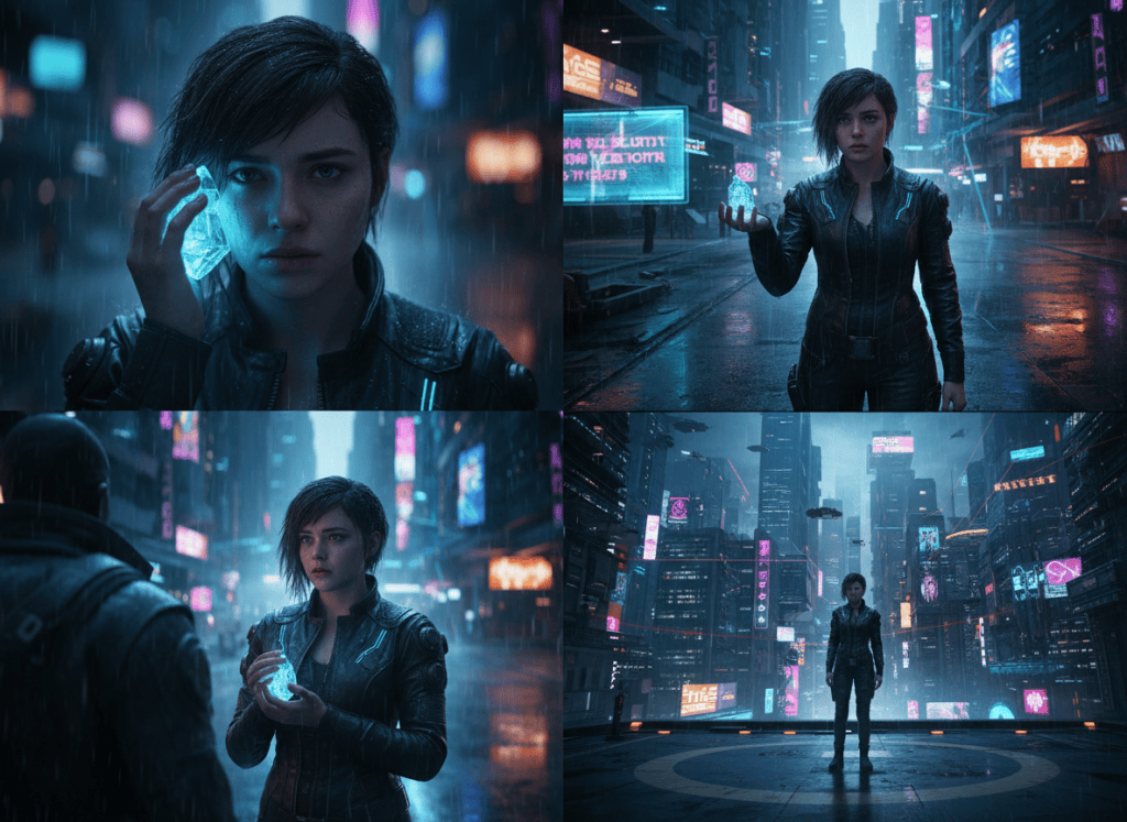 Sci-fi continuity study showing Nova, her futuristic wardrobe and the same glowing memory shard across several camera angles.