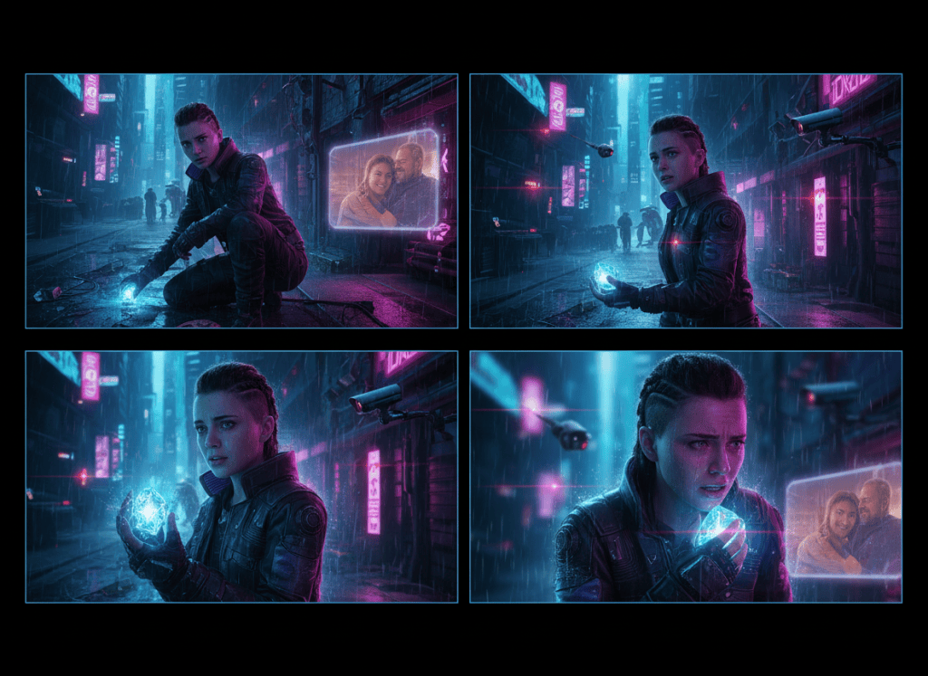 Four connected sci-fi moments showing Nova discovering a glowing memory shard and uncovering its link to her erased past.