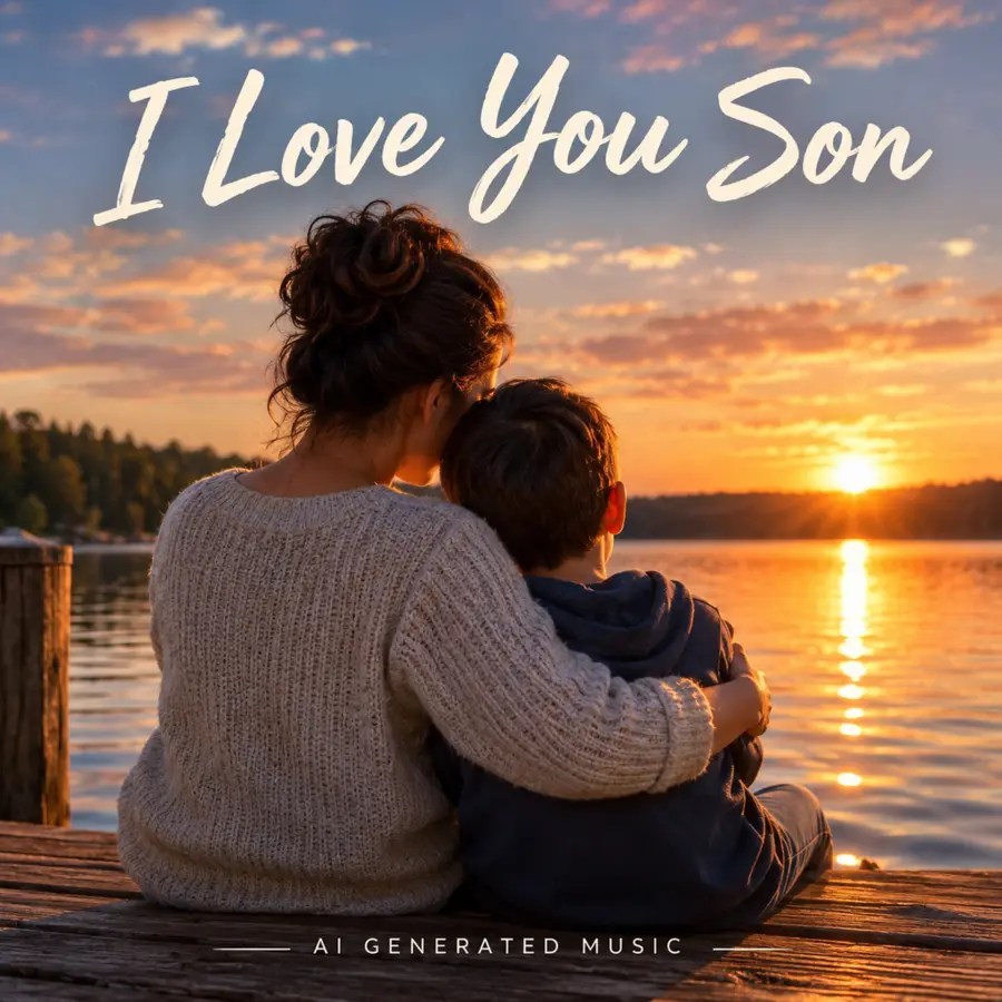 Album cover showing a mother and son seated together by a lake at sunset