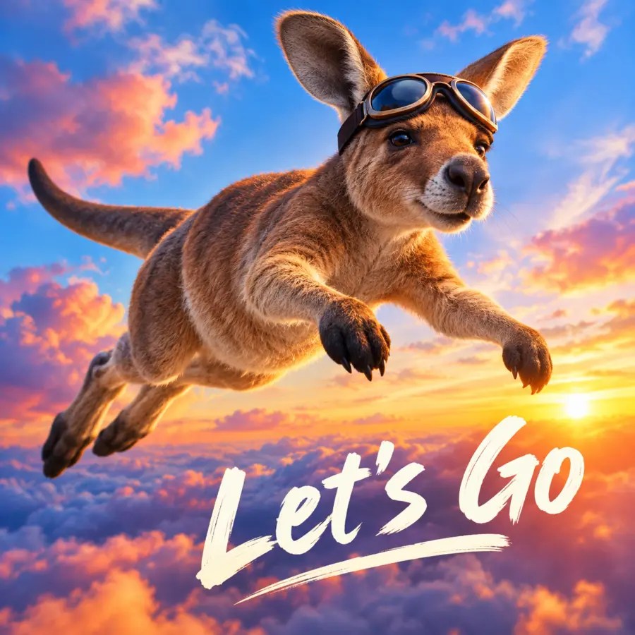 Energetic kangaroo wearing goggles leaping through a colorful sunset sky